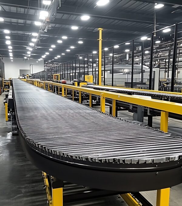 arafed conveyor belt in a warehouse with lots of lights